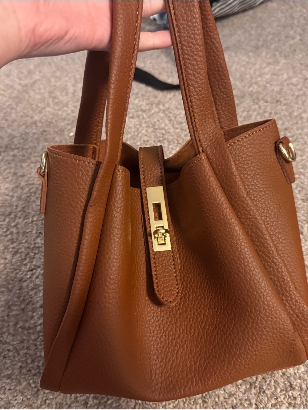 Classic Pebbled faux Leather Tote Bag in Cognac Brown